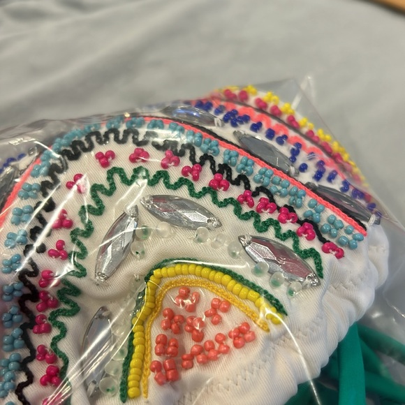 Colorful Beaded White Triangle Style Bikini Top-Sz M - Picture 10 of 10